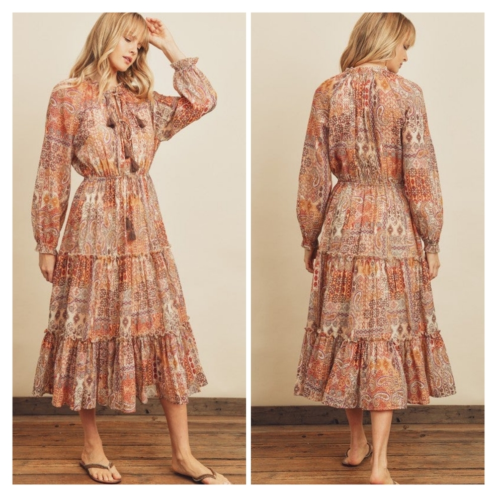 Vici Boho Tassel Midi/Maxi Tiered Paisley Dress Size M